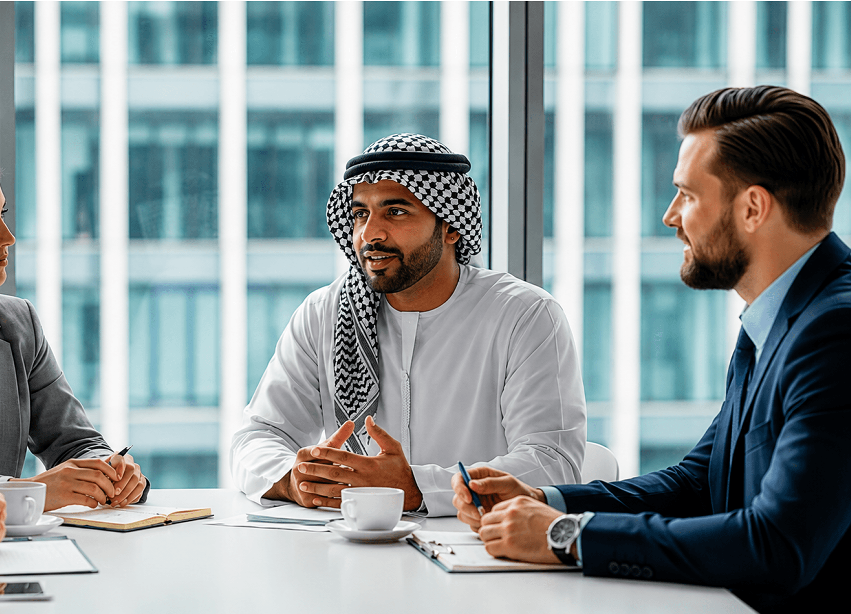 Professionals discussing staff extension engagement in modern office