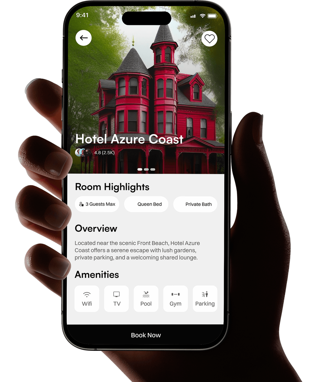 Hands holding smartphone displaying hotel booking app showing Hotel Azure Coast with room highlights and amenities