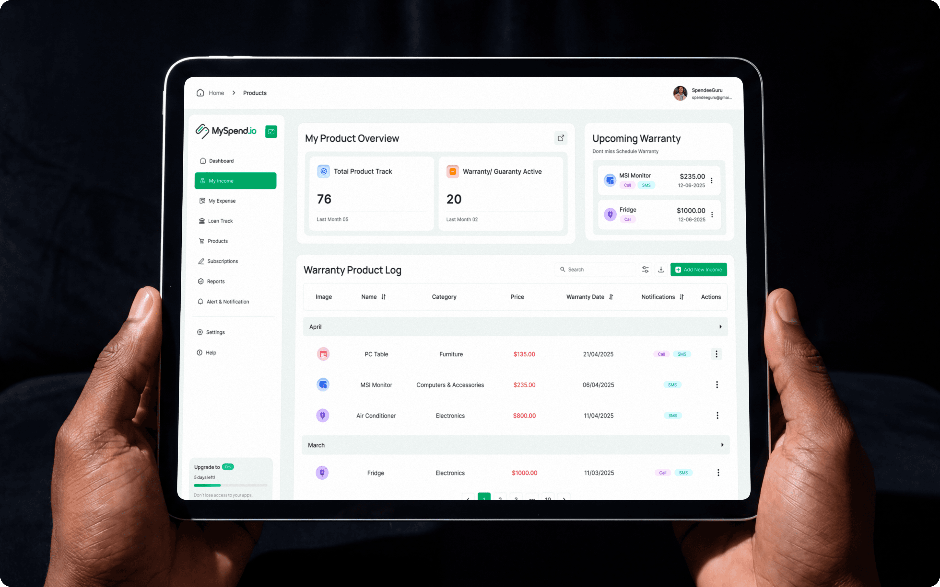 MySpend product and warranty tracker dashboard