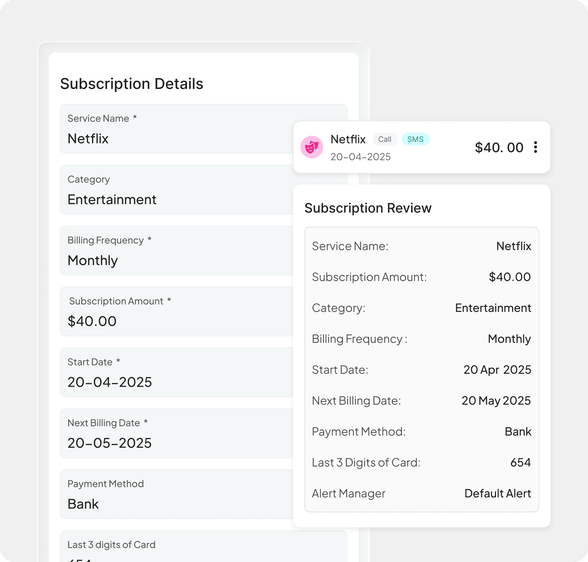 MySpend subscription details interface