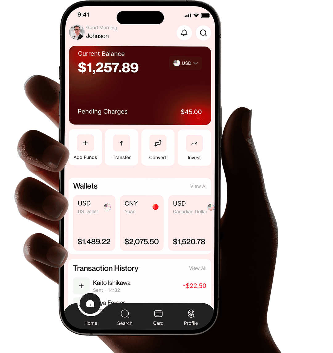 Hands holding smartphone showing expense tracking finance app with wallet balance and transactions