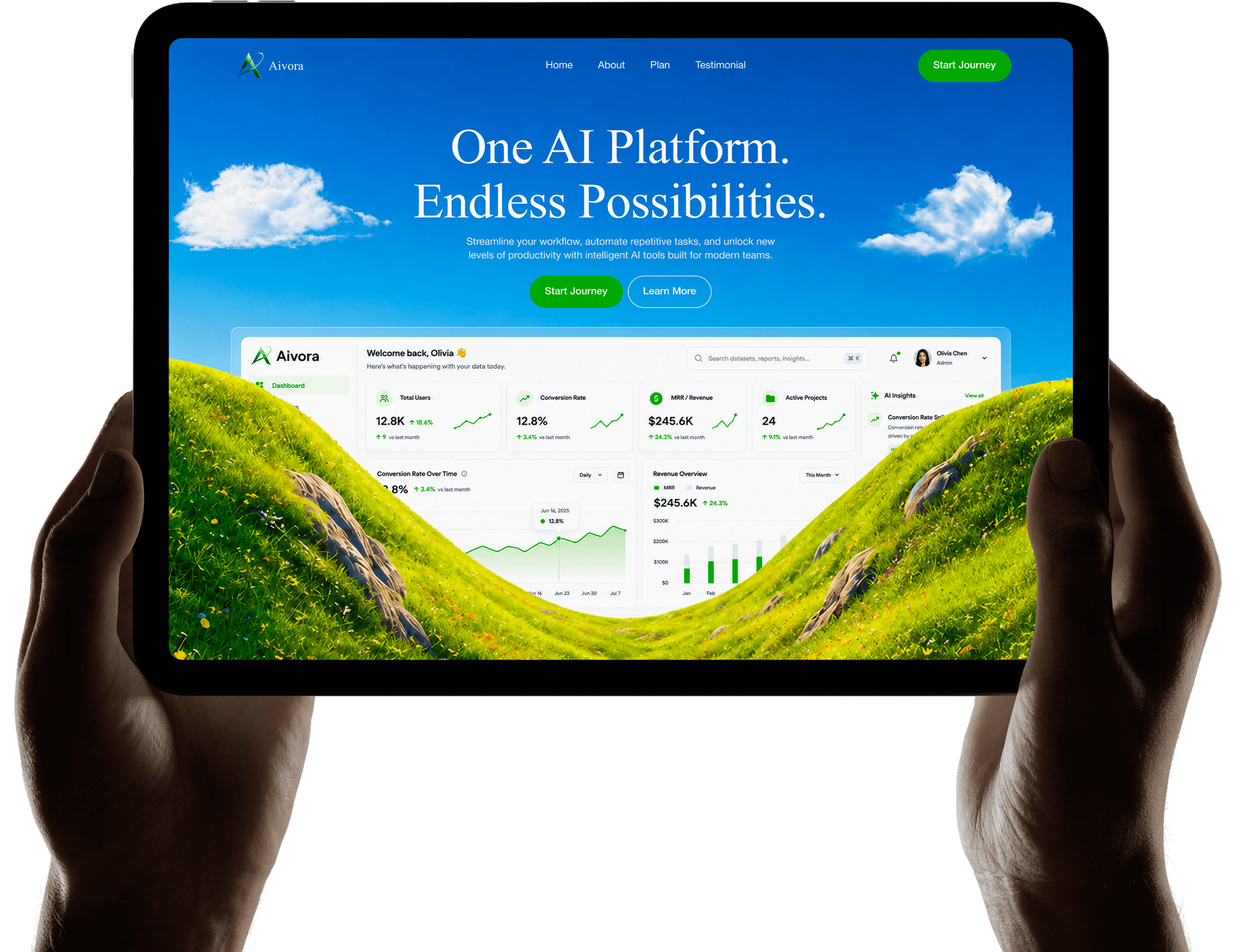 Tablet displaying an AI platform product interface design preview