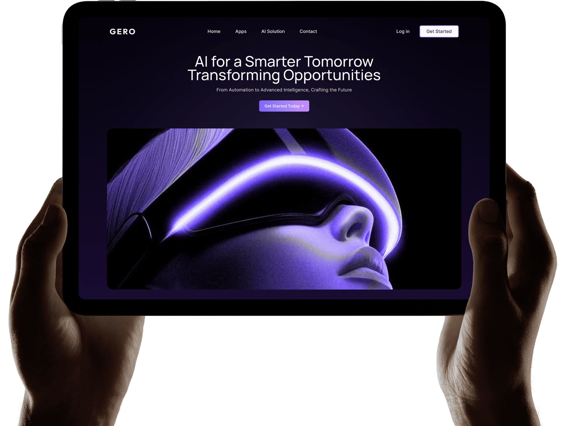Hands holding tablet displaying GERO AI website with person wearing futuristic glowing glasses