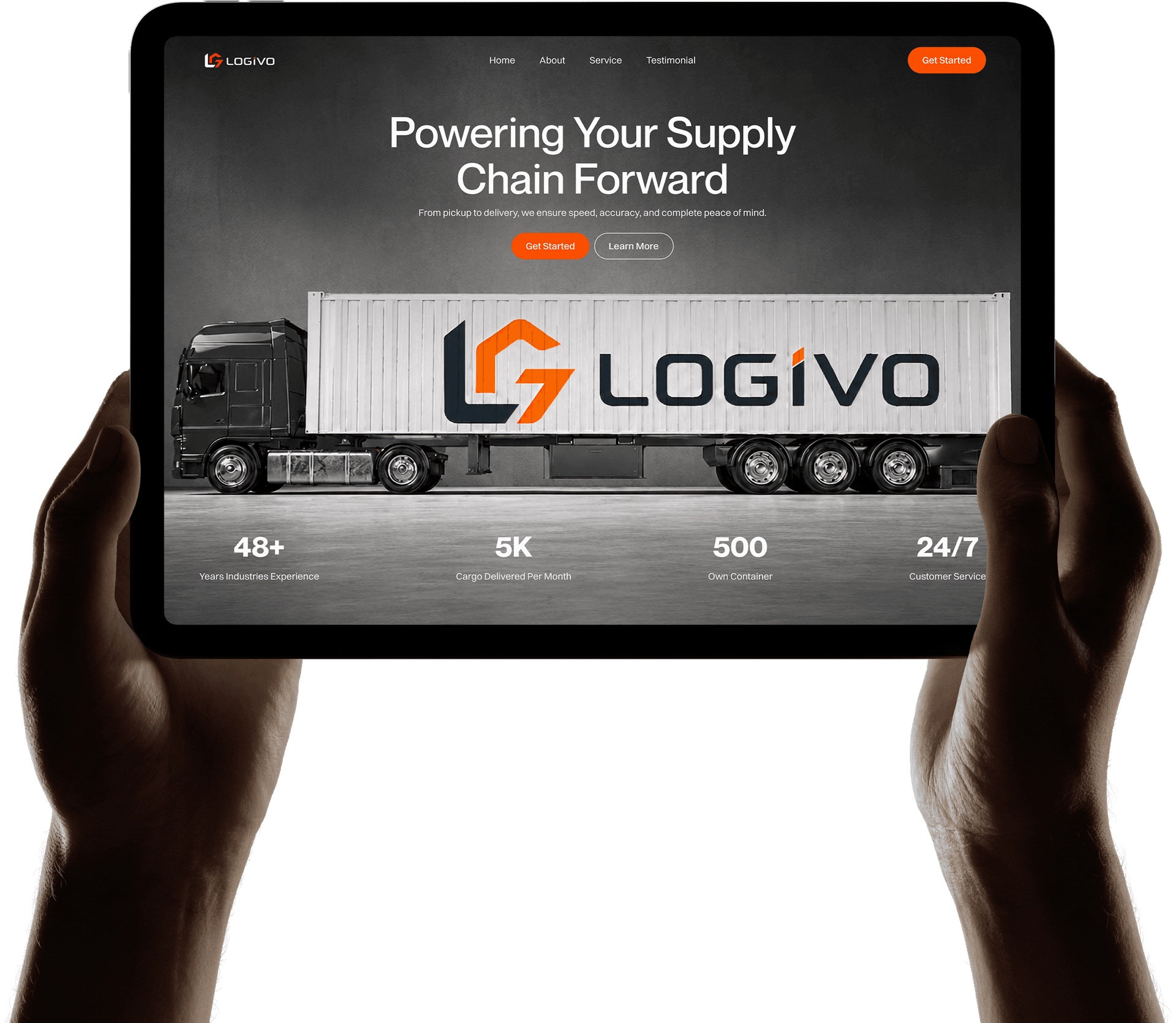 Hands holding a tablet displaying a SaaS analytics dashboard
