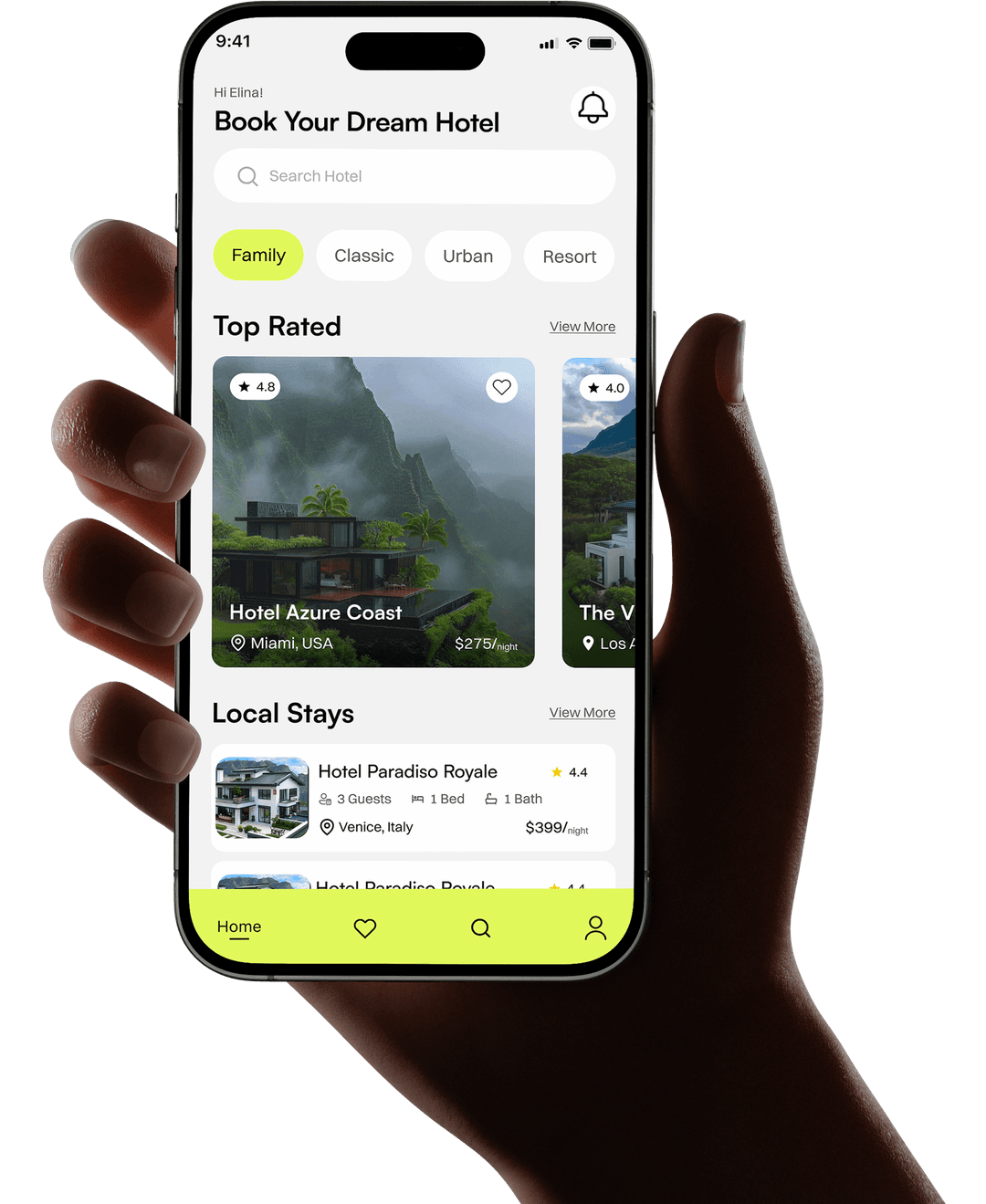 Hands holding smartphone showing hotel booking app with search and top rated stays