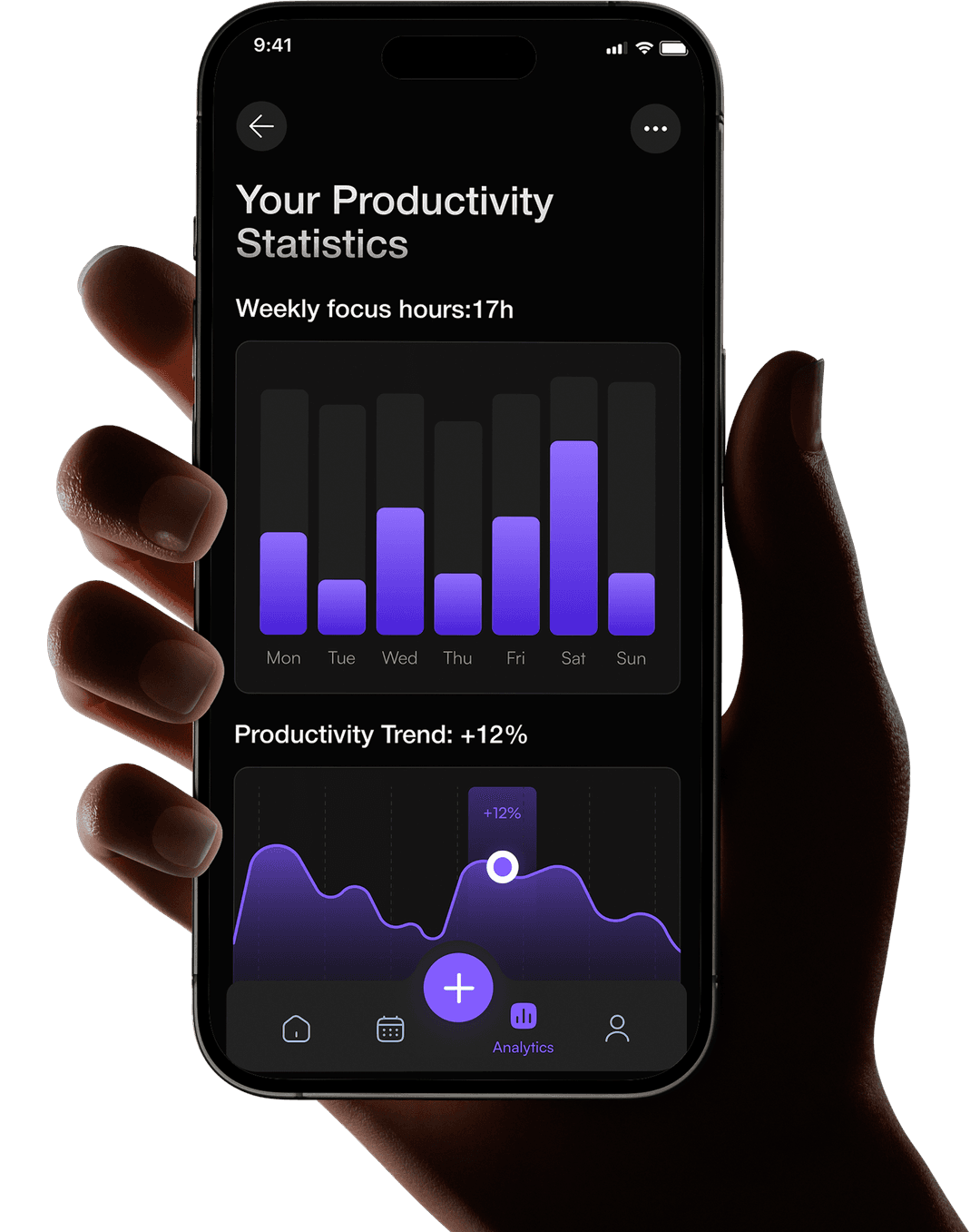 Hands holding smartphone displaying productivity statistics app with weekly focus hours chart and trend graph