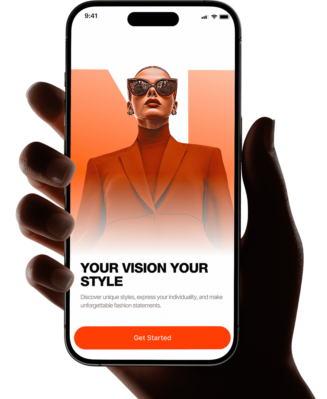 Hands holding smartphone displaying fashion app with model wearing sunglasses and 'Get Started' button