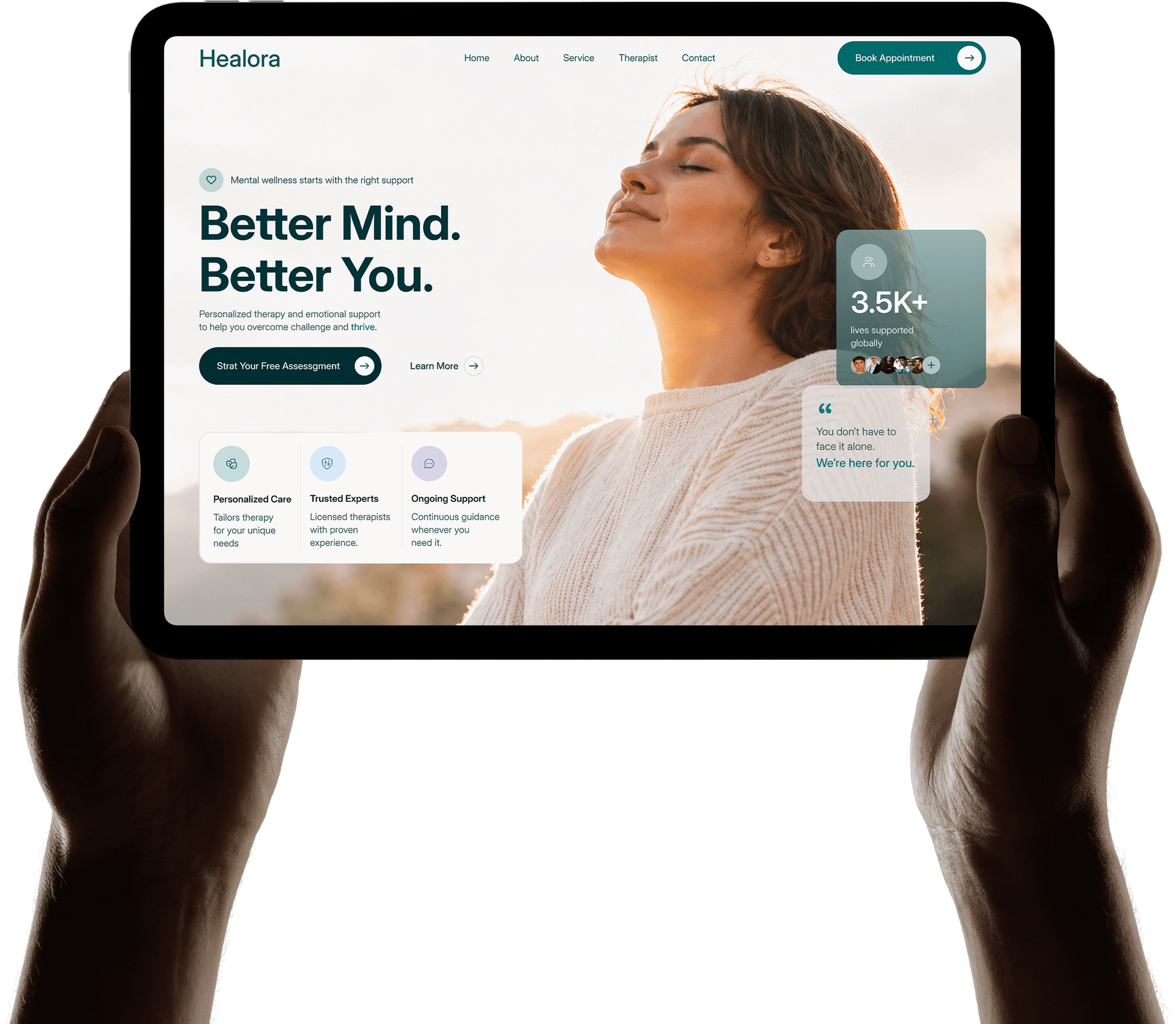 Hands holding tablet displaying Healora mental wellness app with therapy booking interface