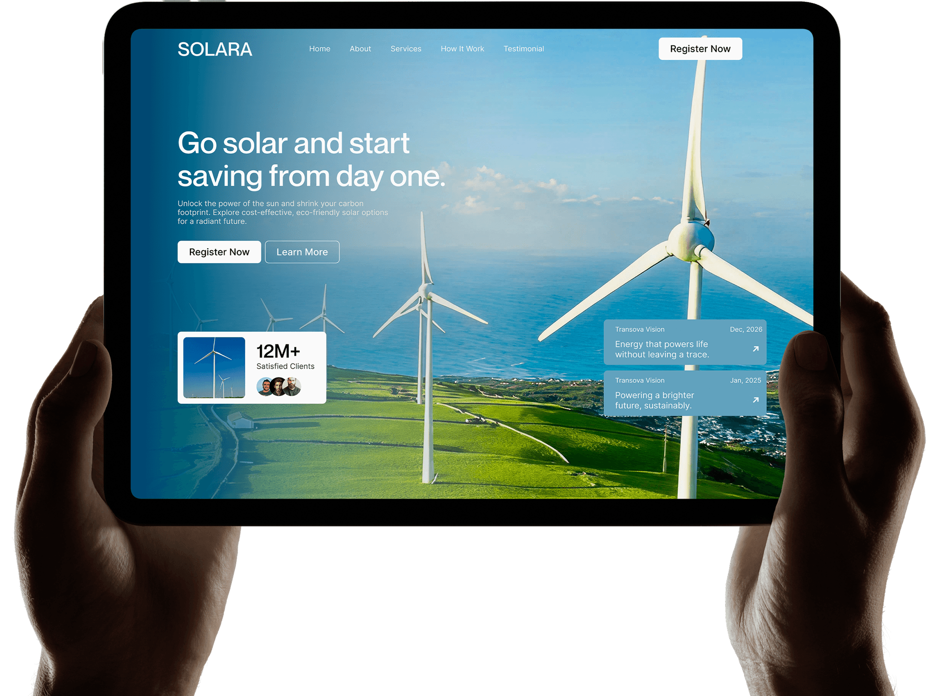 Hands holding device displaying Solara app interface