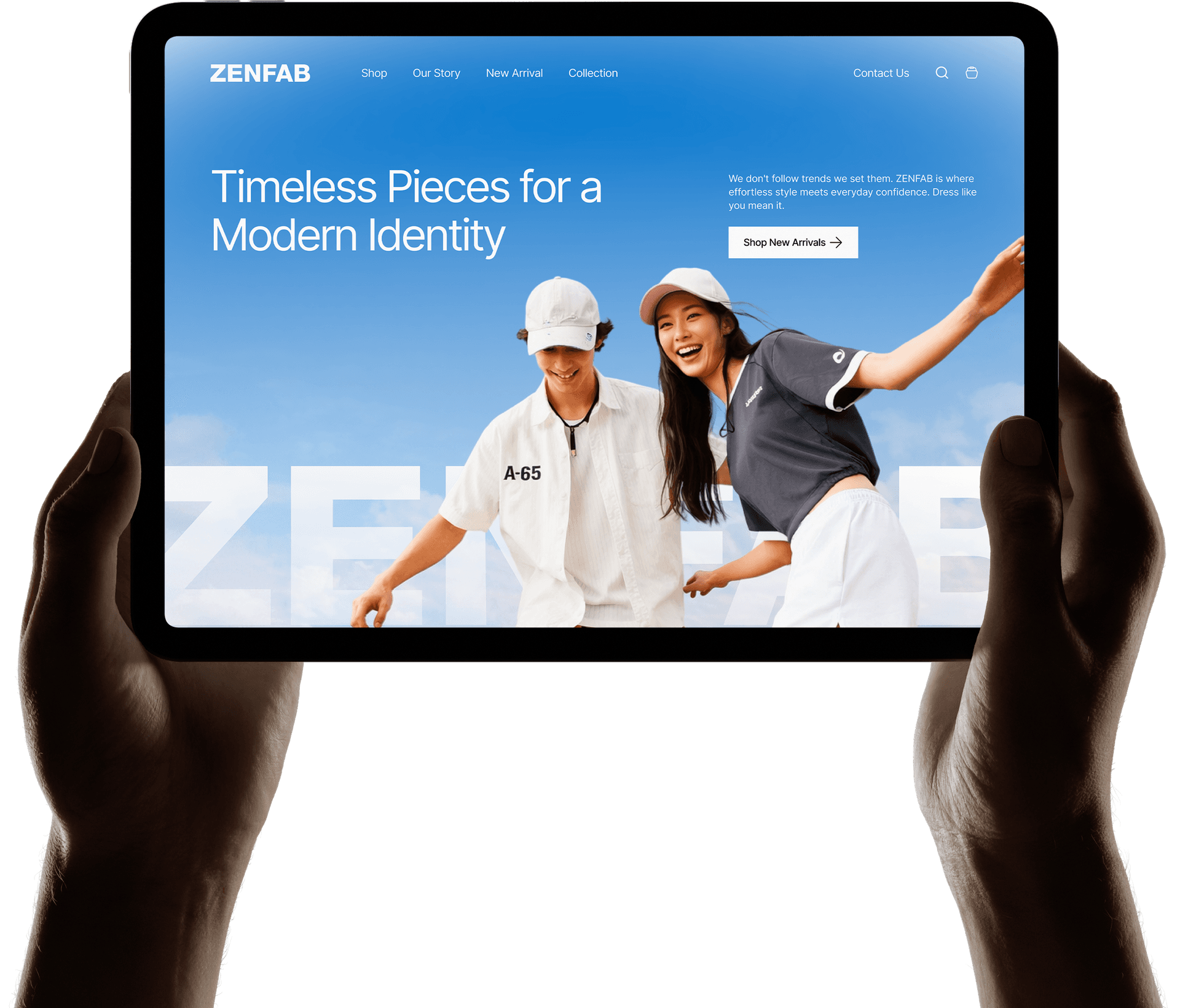 Hands holding tablet displaying ZenFab fashion e-commerce website with models in outdoor photoshoot