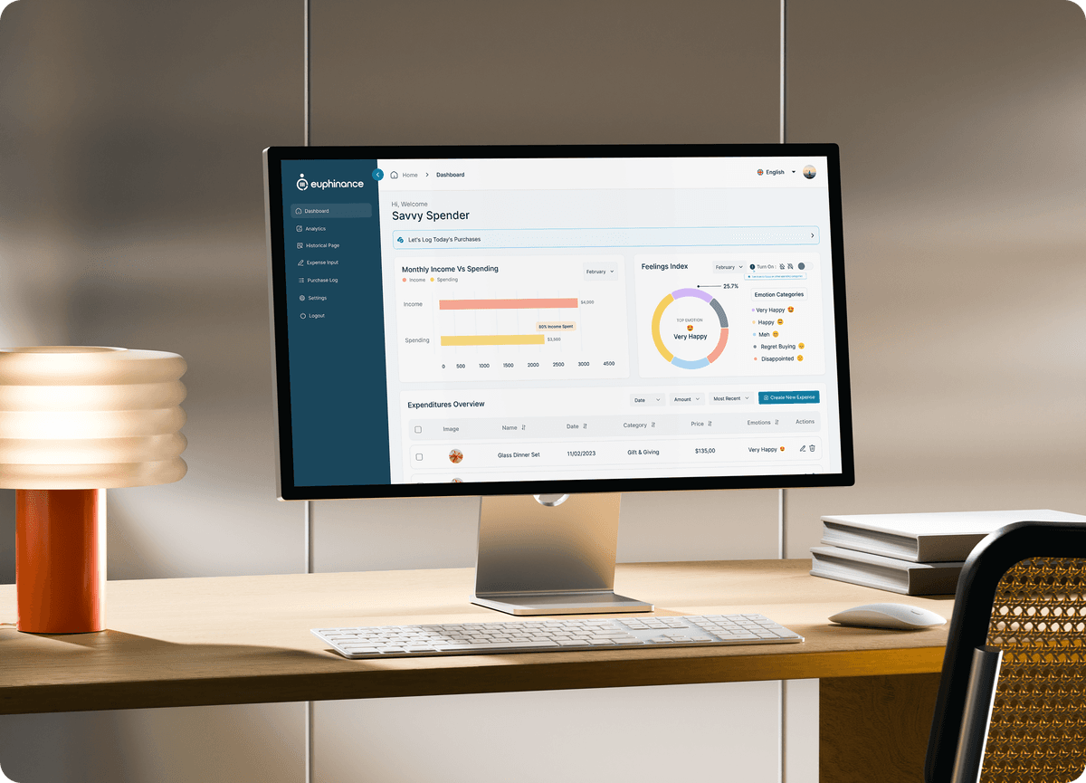 Euphinance budgeting dashboard on desktop monitor showing spending overview and category breakdown