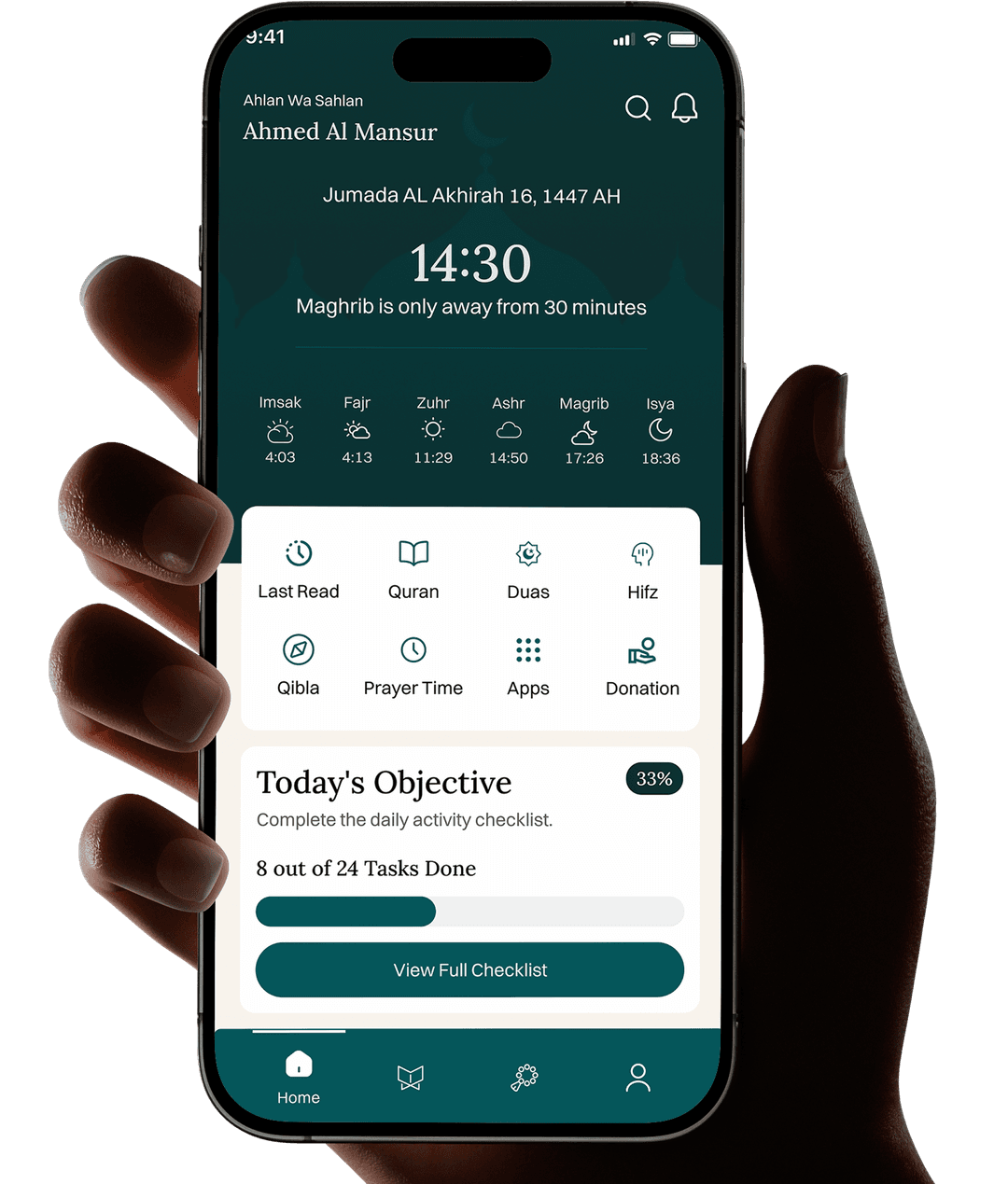 Islamic prayer times app UI on smartphone mockup with daily checklist tracker
