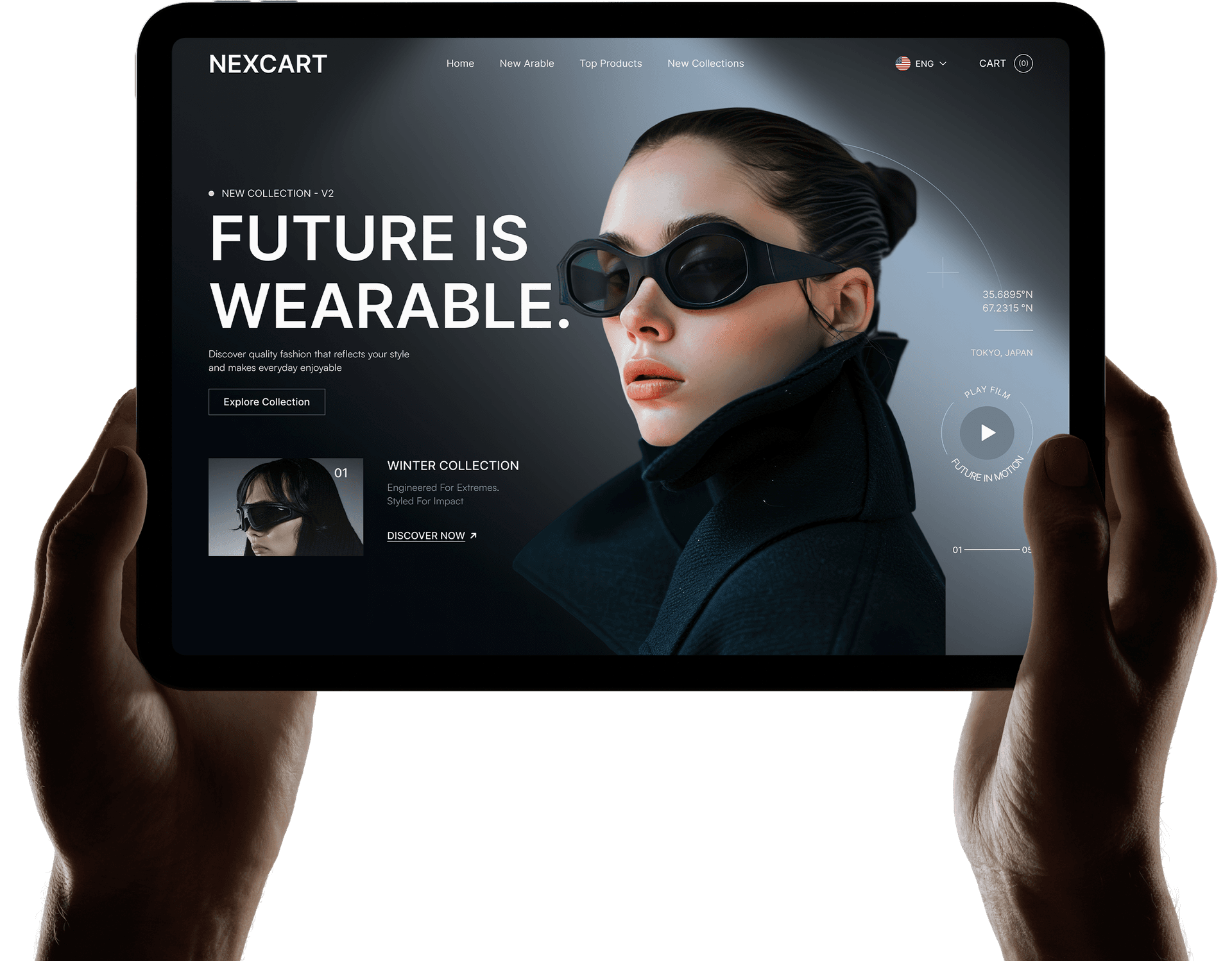 Hands holding tablet displaying NexCart fashion e-commerce website with model wearing sunglasses