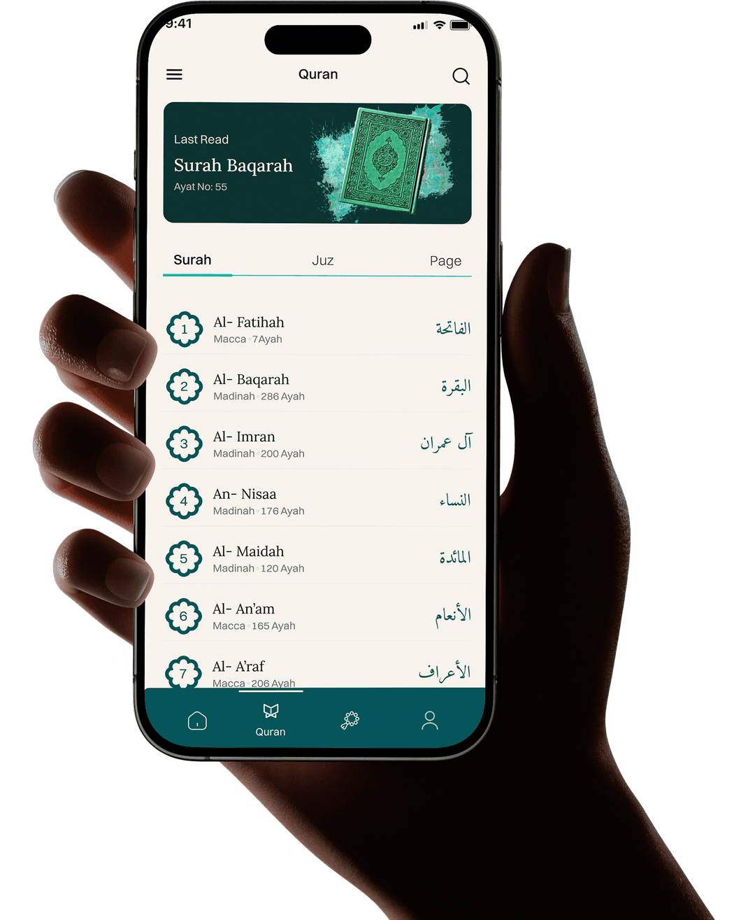 Hands holding smartphone displaying Quran app with Surah Baqarah reading interface