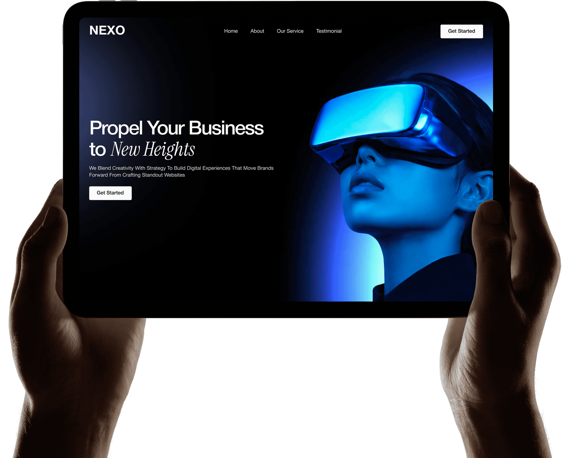Hands holding tablet displaying NEXO website with person wearing VR headset