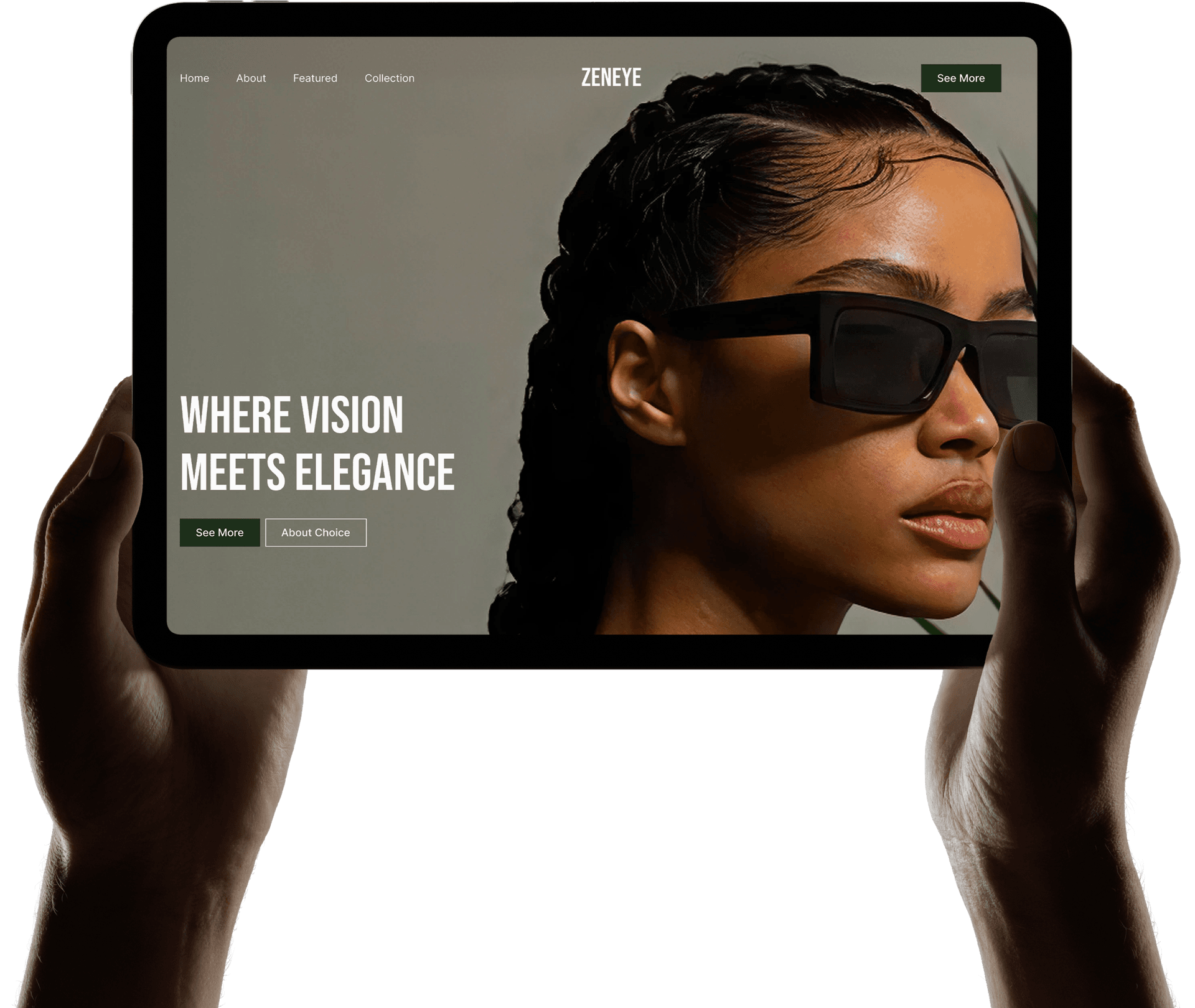 Hands holding tablet displaying ZenEye eyewear website with model wearing sunglasses