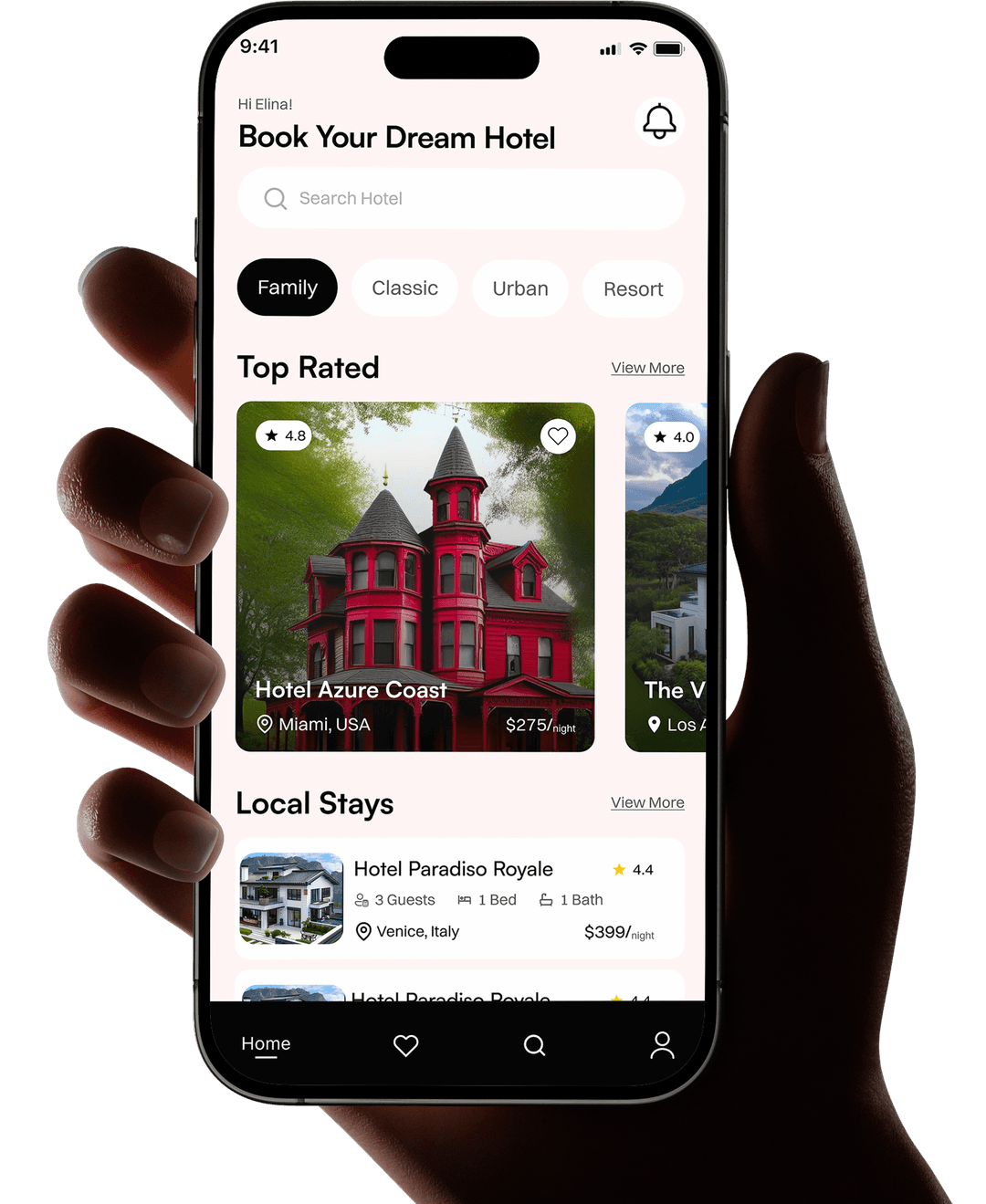 Hands holding smartphone showing hotel booking app with search and top rated stays