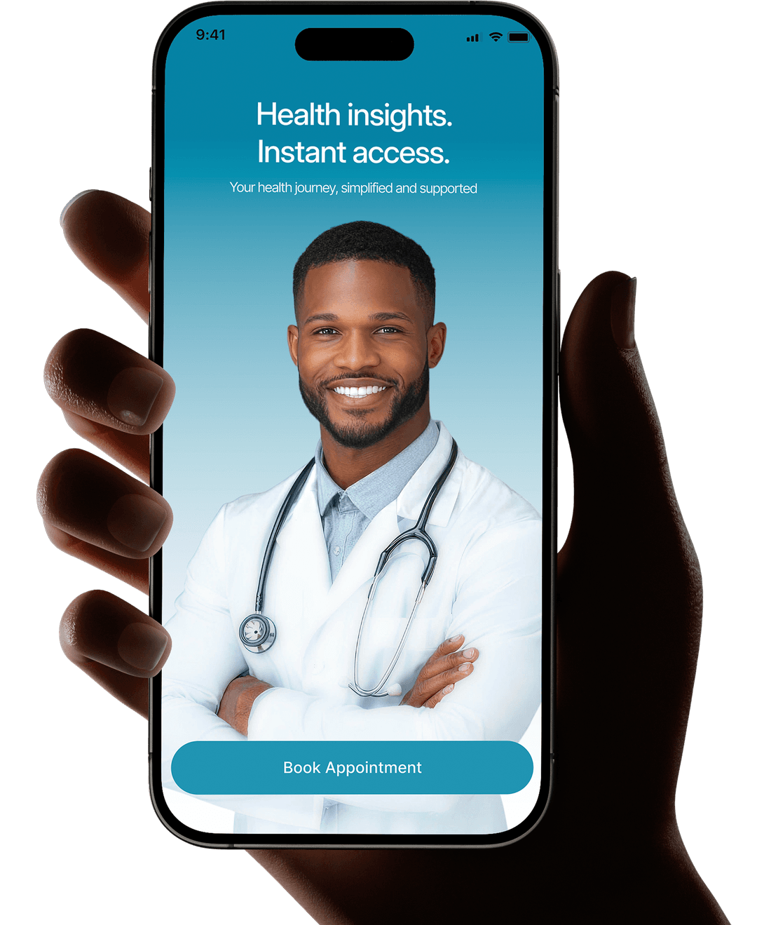 Healthcare mobile app interface displayed on a smartphone product preview