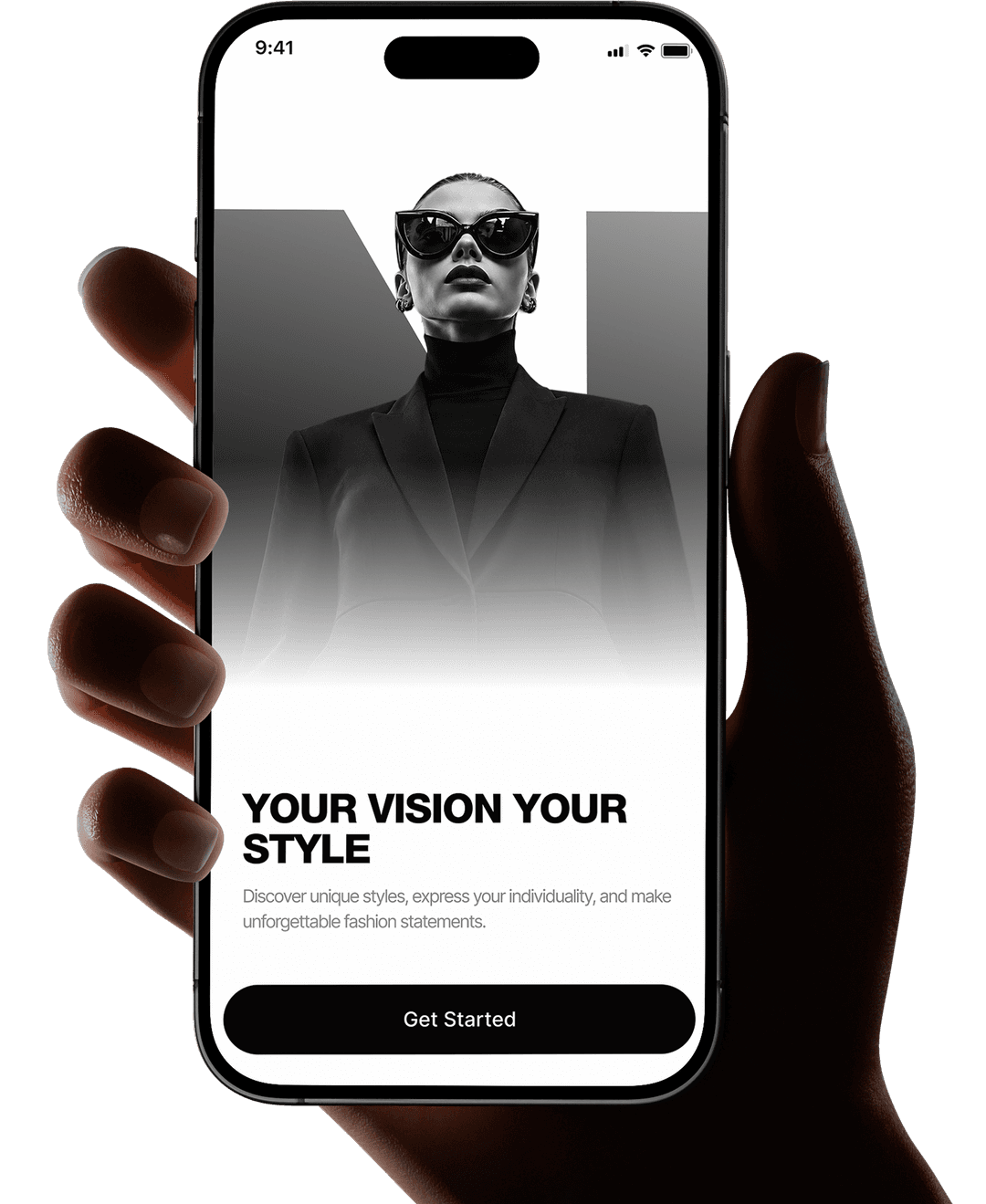 Hands holding smartphone displaying fashion app with model wearing sunglasses and 'Get Started' button